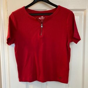 Hollister red crop t-shirt zipper neck short sleeves. SZ M super cute 1/4 zip
